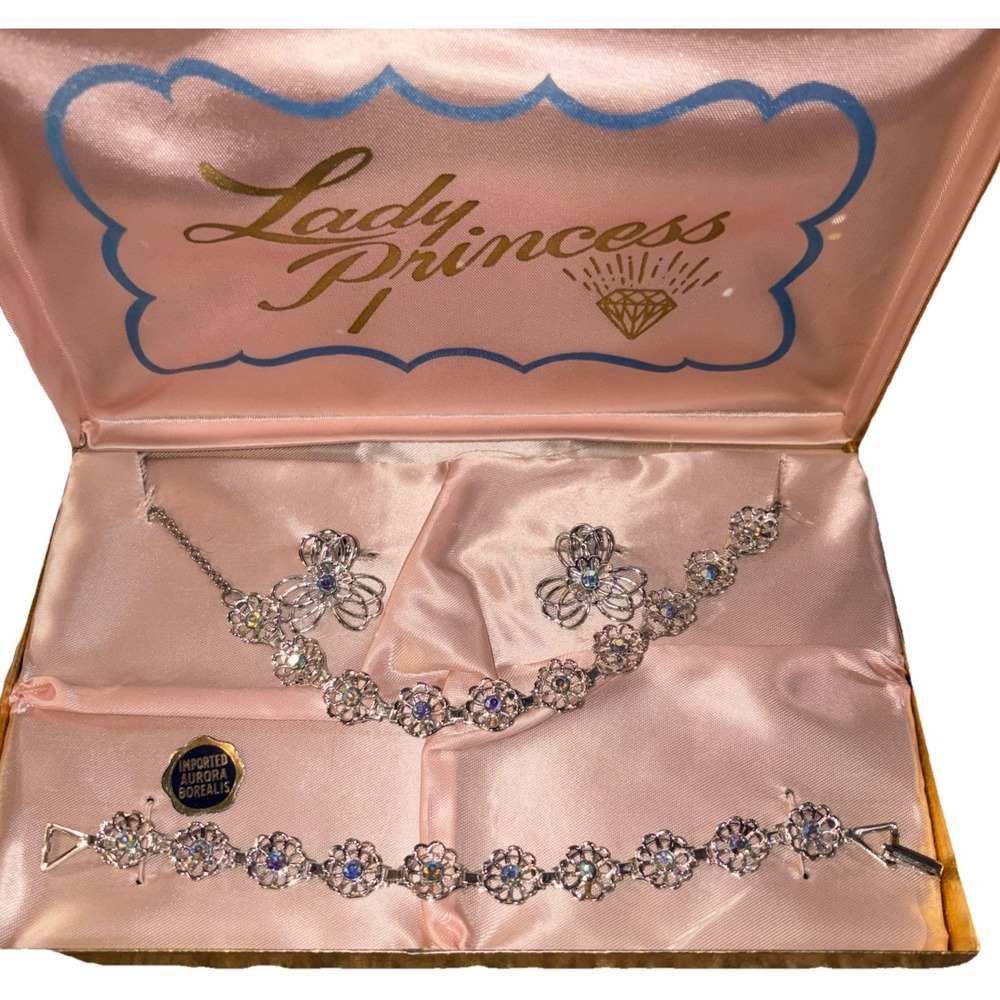 Vtg Lady Princess Imported Aurora Borealis Silvertone NecklaceEarringsBracelet